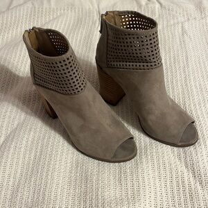 Taupe open toe heels.